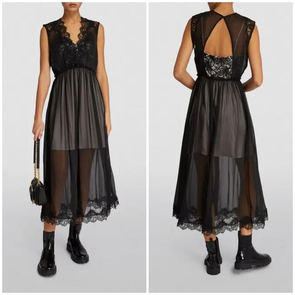 AllSaints Black Lace & Sheer Midi Dress - Picture 1 of 16